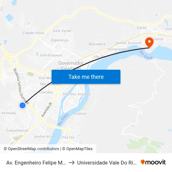 Av. Engenheiro Felipe Moreira Caldas, 314 to Universidade Vale Do Rio Doce - Campus II map