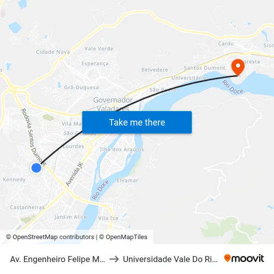 Av. Engenheiro Felipe Moreira Caldas, 315 to Universidade Vale Do Rio Doce - Campus II map