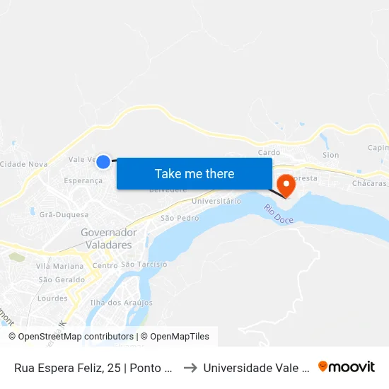 Rua Espera Feliz, 25 | Ponto Final Da Linha 09b No Santa Helena to Universidade Vale Do Rio Doce - Campus II map