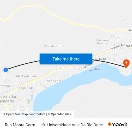 Rua Monte Carmelo, 110 to Universidade Vale Do Rio Doce - Campus II map