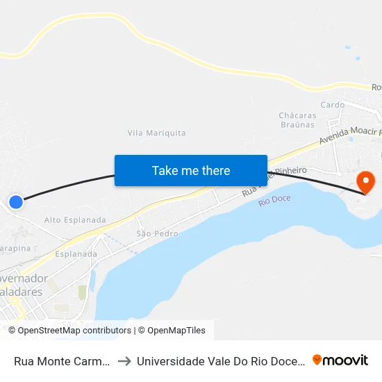 Rua Monte Carmelo, 127 to Universidade Vale Do Rio Doce - Campus II map