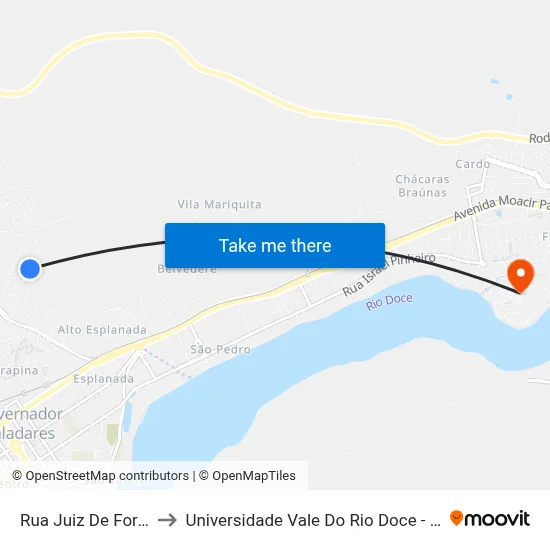 Rua Juiz De Fora, 513 to Universidade Vale Do Rio Doce - Campus II map