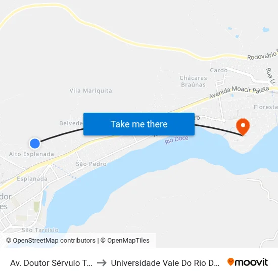 Av. Doutor Sérvulo Teixeira, 590 to Universidade Vale Do Rio Doce - Campus II map
