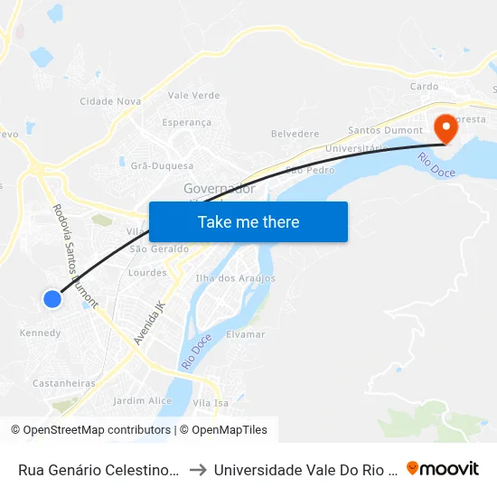 Rua Genário Celestino Dos Santos, 98 to Universidade Vale Do Rio Doce - Campus II map