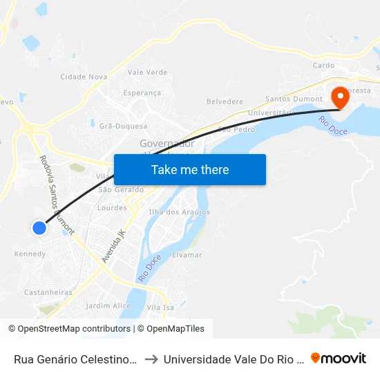 Rua Genário Celestino Dos Santos, 95 to Universidade Vale Do Rio Doce - Campus II map