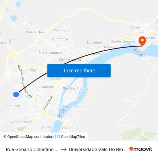 Rua Genário Celestino Dos Santos, 320 to Universidade Vale Do Rio Doce - Campus II map