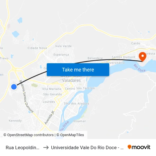 Rua Leopoldina, 260 to Universidade Vale Do Rio Doce - Campus II map
