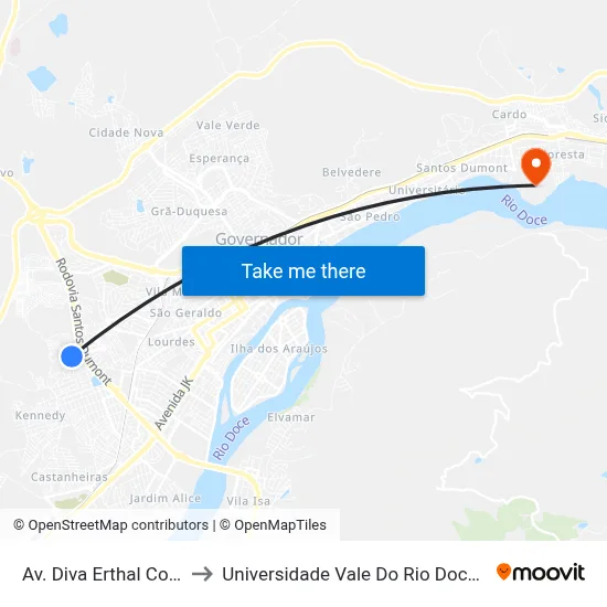 Av. Diva Erthal Collier, 200 to Universidade Vale Do Rio Doce - Campus II map