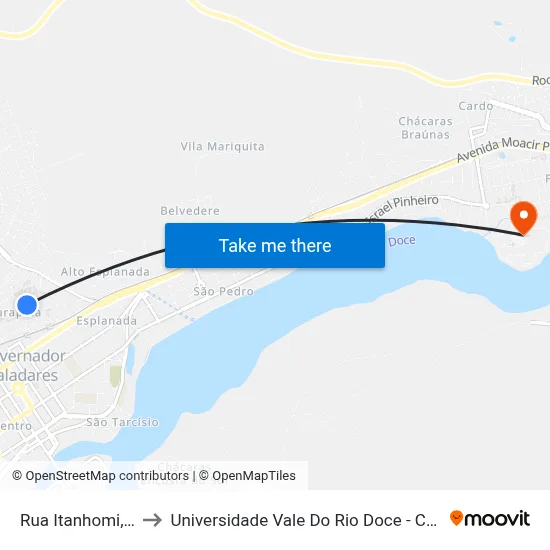 Rua Itanhomi, 738 to Universidade Vale Do Rio Doce - Campus II map