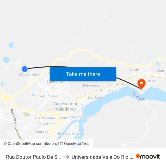 Rua Doutor Paulo De Sousa Lima, 875 to Universidade Vale Do Rio Doce - Campus II map