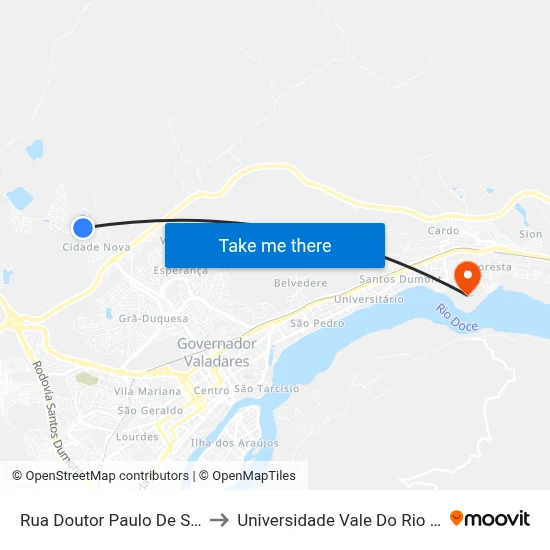 Rua Doutor Paulo De Sousa Lima, 872 to Universidade Vale Do Rio Doce - Campus II map
