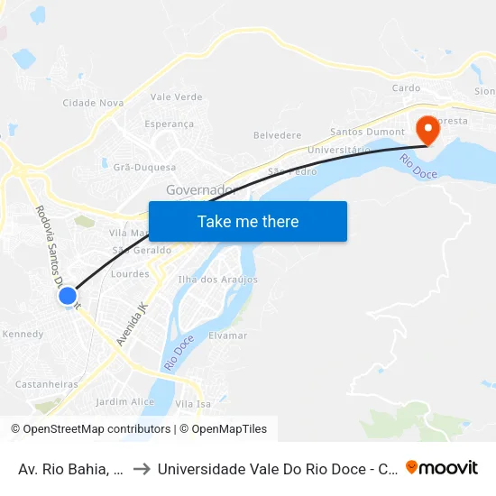 Av. Rio Bahia, 1750 to Universidade Vale Do Rio Doce - Campus II map