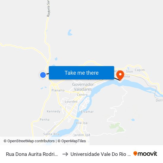 Rua Dona Aurita Rodrigues Rocha, 319 to Universidade Vale Do Rio Doce - Campus II map