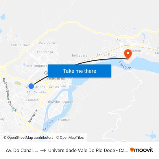 Av. Do Canal, 290 to Universidade Vale Do Rio Doce - Campus II map