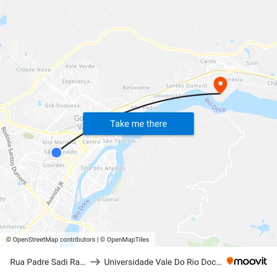 Rua Padre Sadi Rabelo, 346 to Universidade Vale Do Rio Doce - Campus II map