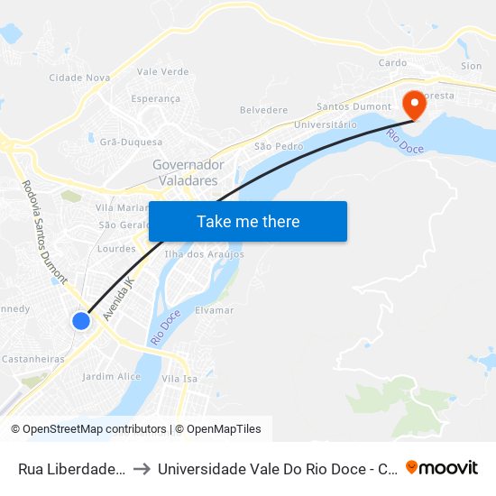 Rua Liberdade, 252 to Universidade Vale Do Rio Doce - Campus II map