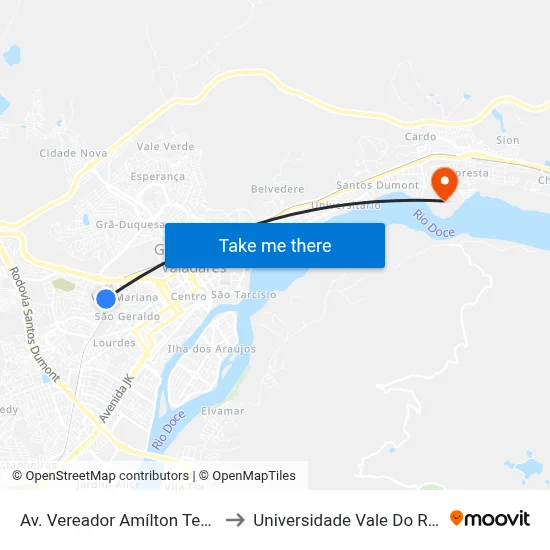 Av. Vereador Amílton Teodoro Guimarães, 85 to Universidade Vale Do Rio Doce - Campus II map