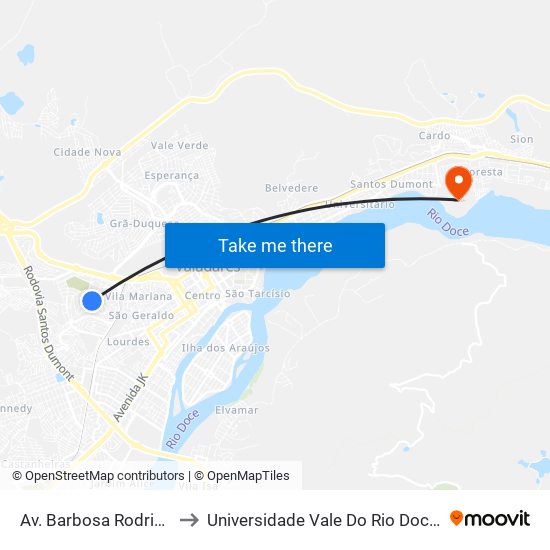 Av. Barbosa Rodrigues, 926 to Universidade Vale Do Rio Doce - Campus II map