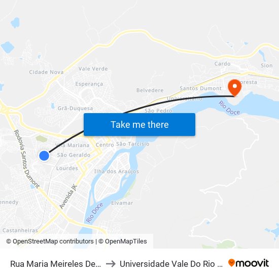 Rua Maria Meireles De Almeida, 1931 to Universidade Vale Do Rio Doce - Campus II map