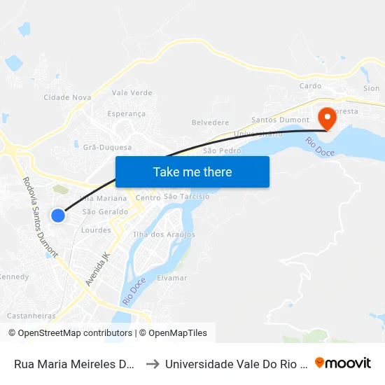 Rua Maria Meireles De Almeida, 1651 to Universidade Vale Do Rio Doce - Campus II map