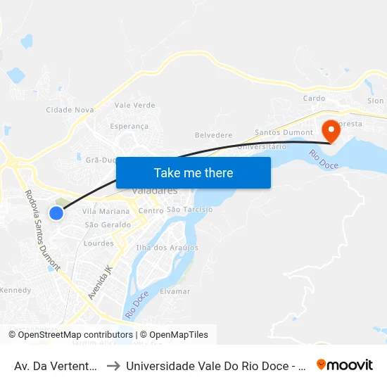 Av. Da Vertente, 406 to Universidade Vale Do Rio Doce - Campus II map