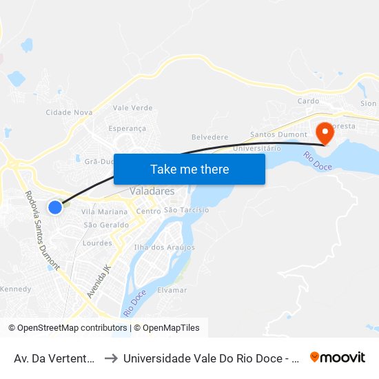 Av. Da Vertente, 475 to Universidade Vale Do Rio Doce - Campus II map