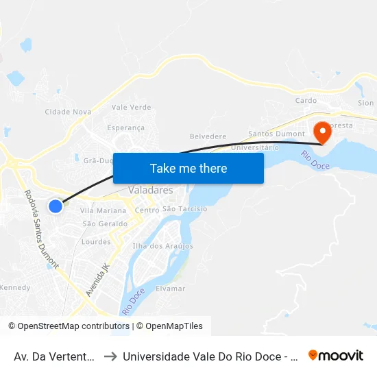 Av. Da Vertente, 480 to Universidade Vale Do Rio Doce - Campus II map