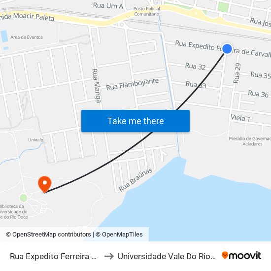 Rua Expedito Ferreira De Carvalho, 296 to Universidade Vale Do Rio Doce - Campus II map