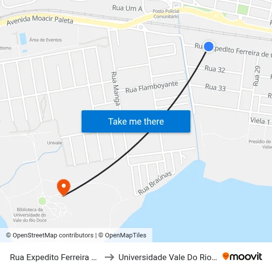 Rua Expedito Ferreira De Carvalho, 476 to Universidade Vale Do Rio Doce - Campus II map