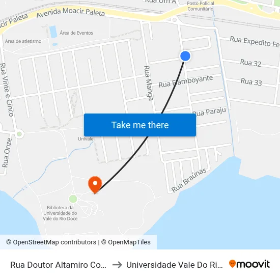 Rua Doutor Altamiro Colombo Ribeiro, 518 to Universidade Vale Do Rio Doce - Campus II map