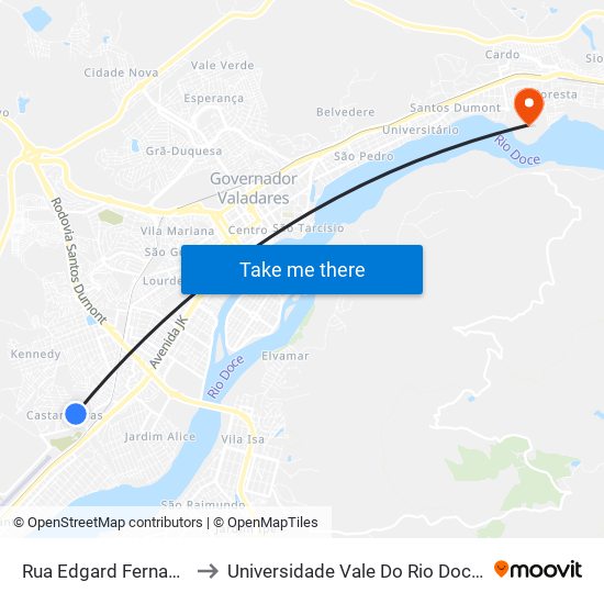 Rua Edgard Fernandes, 200 to Universidade Vale Do Rio Doce - Campus II map