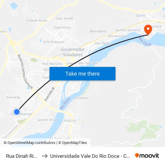 Rua Dinah Ribeiro to Universidade Vale Do Rio Doce - Campus II map