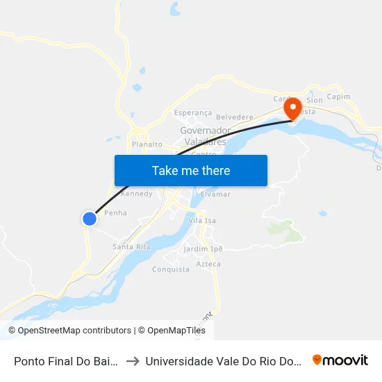 Ponto Final Do Bairro Vitória to Universidade Vale Do Rio Doce - Campus II map