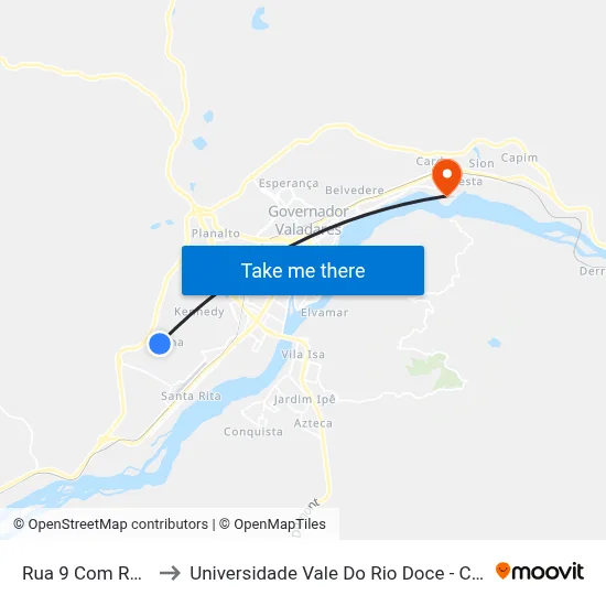 Rua 9 Com Rua 10 to Universidade Vale Do Rio Doce - Campus II map