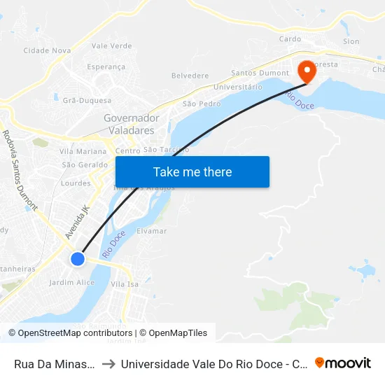 Rua Da Minasa, 23 to Universidade Vale Do Rio Doce - Campus II map