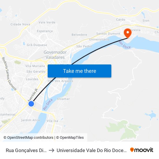 Rua Gonçalves Dias, 310 to Universidade Vale Do Rio Doce - Campus II map