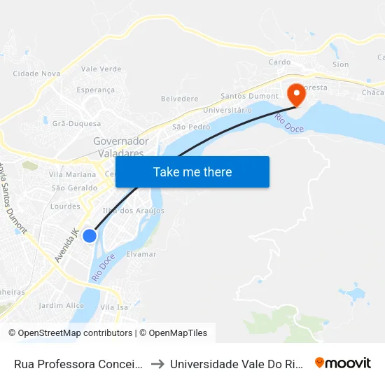 Rua Professora Conceição Teodoro, 243 to Universidade Vale Do Rio Doce - Campus II map