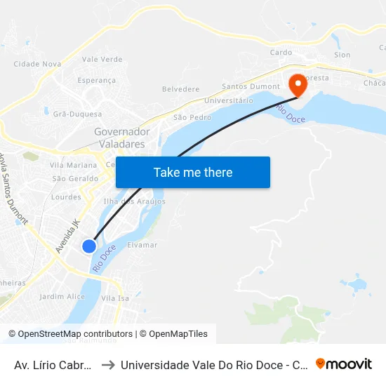 Av. Lírio Cabral, 44 to Universidade Vale Do Rio Doce - Campus II map