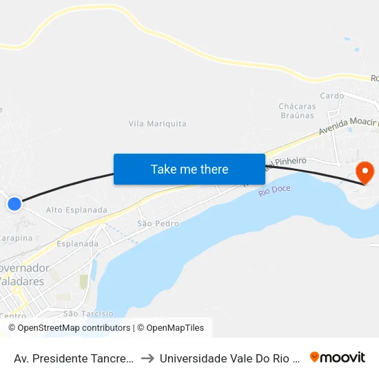 Av. Presidente Tancredo Neves, 889 to Universidade Vale Do Rio Doce - Campus II map