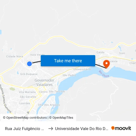 Rua Juiz Fulgêncio Pimenta, 250 to Universidade Vale Do Rio Doce - Campus II map