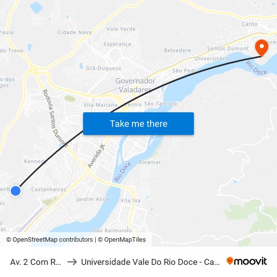 Av. 2 Com Rua F to Universidade Vale Do Rio Doce - Campus II map