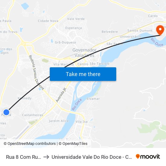 Rua 8 Com Rua 19 to Universidade Vale Do Rio Doce - Campus II map