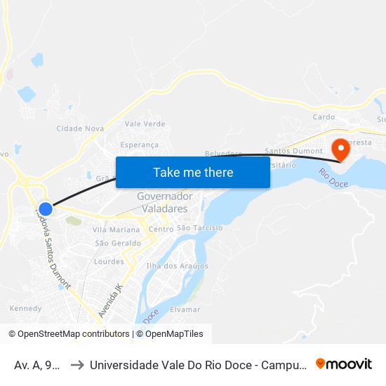 Av. A, 925 to Universidade Vale Do Rio Doce - Campus II map