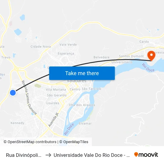 Rua Divinópolis, 141 to Universidade Vale Do Rio Doce - Campus II map