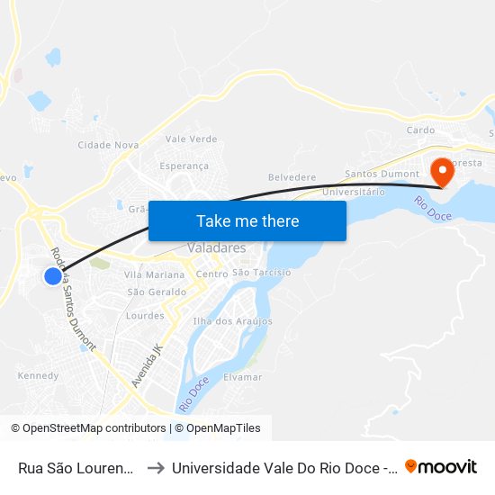 Rua São Lourenço, 614 to Universidade Vale Do Rio Doce - Campus II map