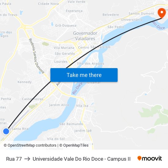 Rua 77 to Universidade Vale Do Rio Doce - Campus II map