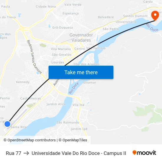 Rua 77 to Universidade Vale Do Rio Doce - Campus II map