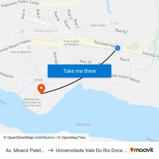 Av. Moacir Paleta, 1340 to Universidade Vale Do Rio Doce - Campus II map