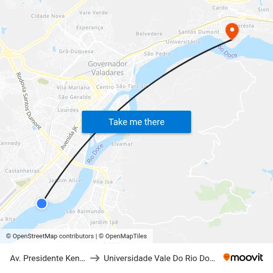 Av. Presidente Kennedy, 142 to Universidade Vale Do Rio Doce - Campus II map