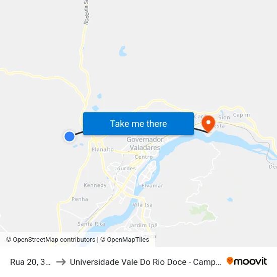 Rua 20, 350 to Universidade Vale Do Rio Doce - Campus II map